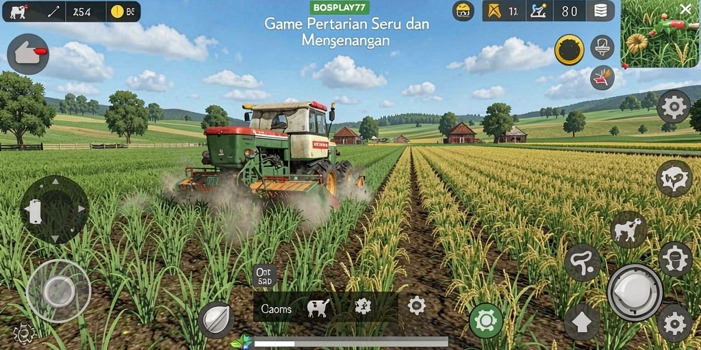 Screenshot gameplay menunjukkan pertanian yang indah dan interaktif.
