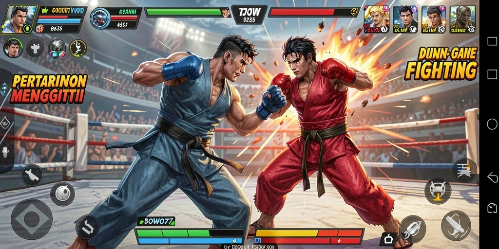 Tangkapan layar gameplay BOWO77 menampilkan duel epik antara karakter yang kuat.