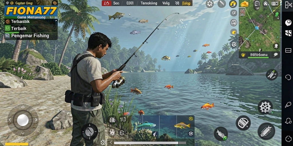 Screenshot gameplay FIONA77 yang menampilkan aksi memancing seru.