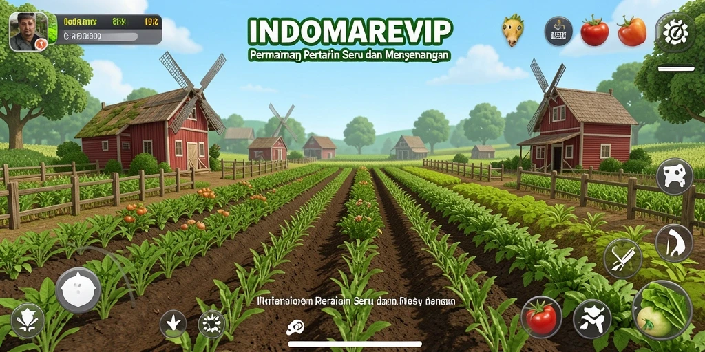 Tampilan gameplay INDOMAREVIP dengan ladang produktif penuh tanaman.