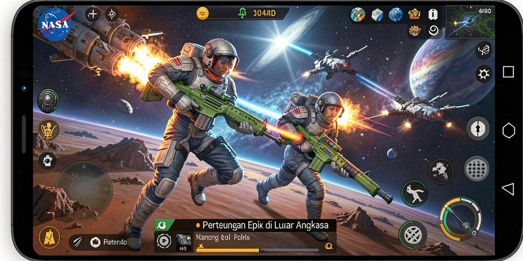 Tangkapan layar gameplay NASA4D menampilkan pertarungan luar angkasa yang mendebarkan.