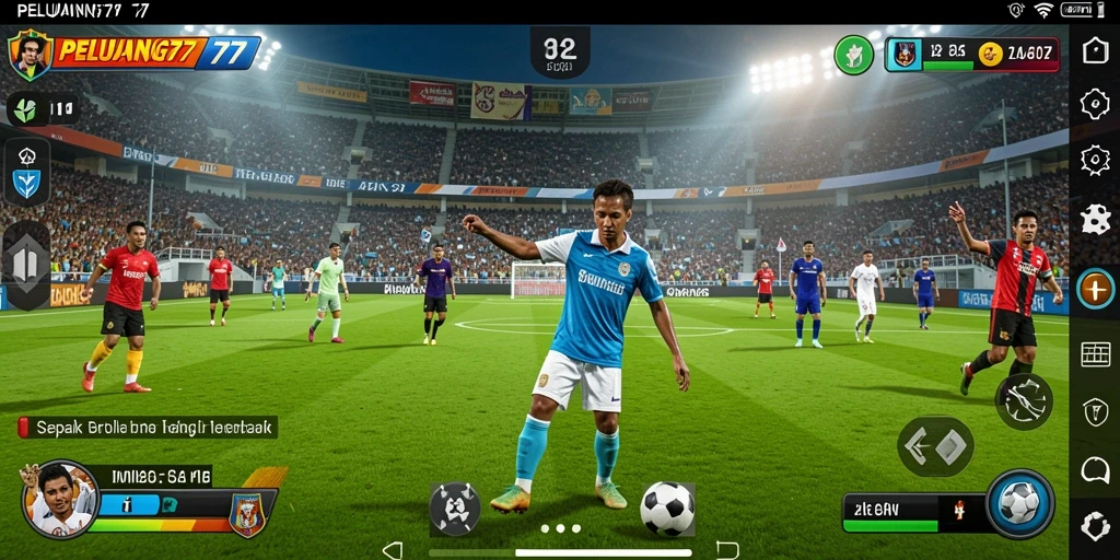 Screenshot utama PELUANG77 menampilkan aksi seru dalam permainan sepak bola.