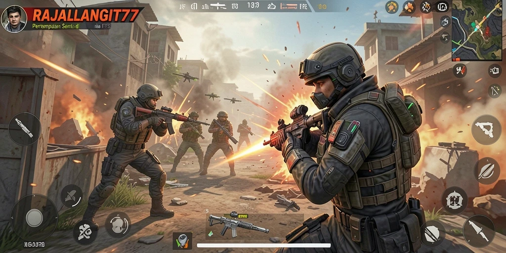 Tangkapan layar menunjukkan aksi intens dalam permainan FPS RAJALANGIT77.